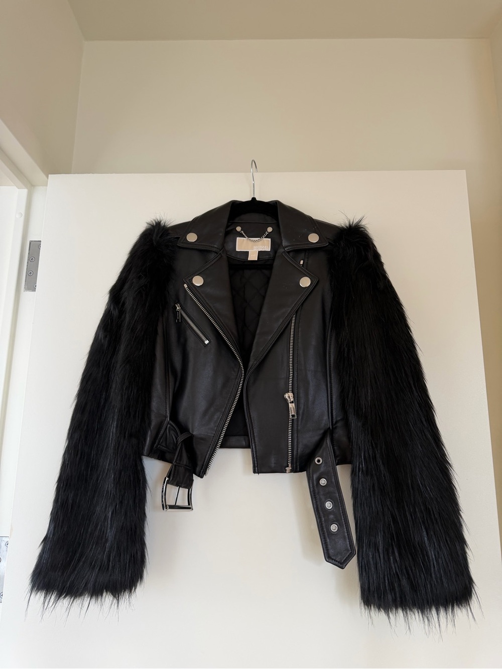 Black Faux Fur Sleeve Leather Moto Jacket